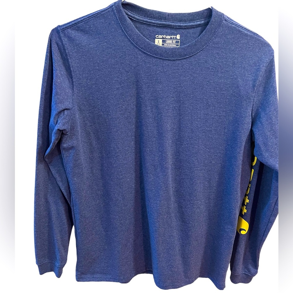 Blue Long Sleeve Carhartt T-Shirt with the Carhartt Logo on the Sleeve. Size = S
